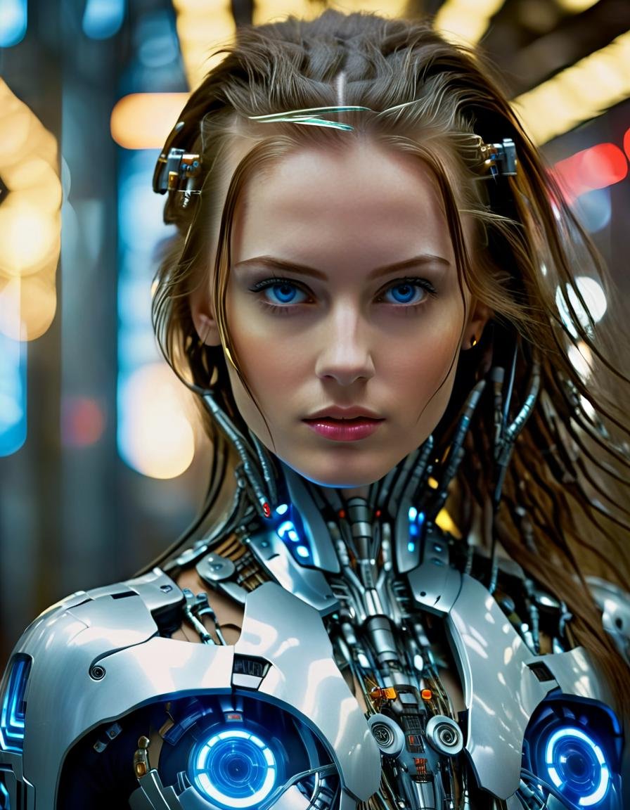 cinematic photo 1girl, cyberpunk, science fiction, cyborg, looking at viewer, realistic, blue eyes, brown hair, lips, long hair, blurry background, upper body, highly detailed, advanced, futuristic, intricate, dynamic light, thought taking artistic, elegant, sharp focus, professional, surreal, beautiful, dramatic color, cute, fine detail, enhanced quality, very inspirational <lora:CyborgsXL:1>, , <lora:FILM_PHOTOGRAPHY_STYLE:0.25> . 35mm photograph, film, bokeh, professional, 4k, highly detailed