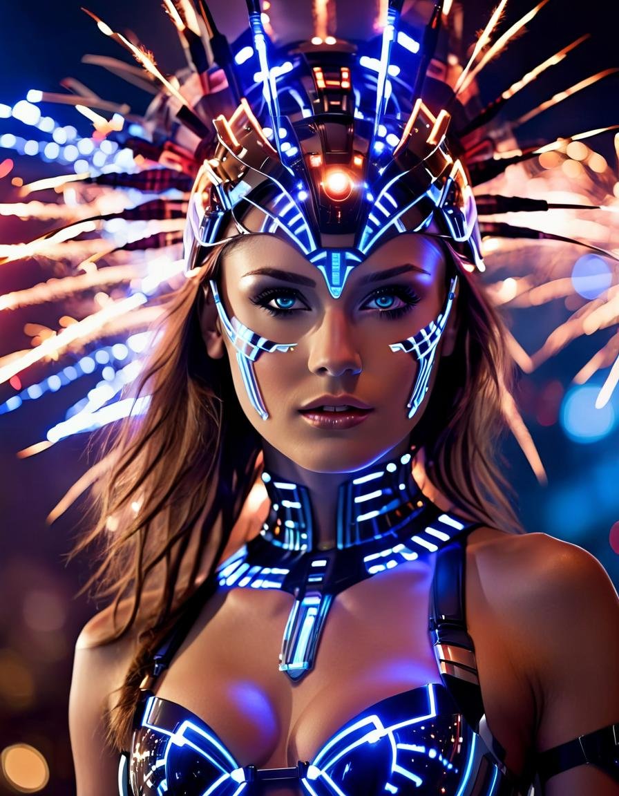 cinematic photo 1girl, cyborg, looking at viewer, jewelry, dark skin, medium breasts, blue eyes, brown hair, long hair, dark-skinned female, parted lips, upper body, headgear, cleavage, eyelashes, nose, fireworks, makeup, bare shoulders, blurry, headdress, firm, beautiful, revealing, extremely detailed, stunning, light, illuminated <lora:CyborgsXL:1>, , <lora:FILM_PHOTOGRAPHY_STYLE:0.25> . 35mm photograph, film, bokeh, professional, 4k, highly detailed