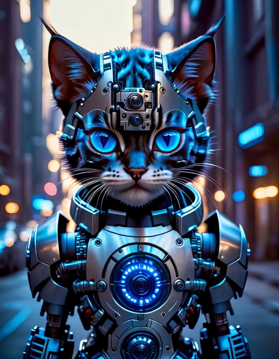 cinematic photo a cute cat, cyberpunk, science fiction, cyborg, looking at viewer, realistic, blue eyes, lips, black hair, freckles, arms at sides, watermark, artist name, standing, android, armor, blurry, joints, light, stunning, gorgeous, intricate detail, sharp focus, beautiful, elegant, highly detailed, very romantic, glowing <lora:CyborgsXL:1>, , <lora:FILM_PHOTOGRAPHY_STYLE:0.25> . 35mm photograph, film, bokeh, professional, 4k, highly detailed
