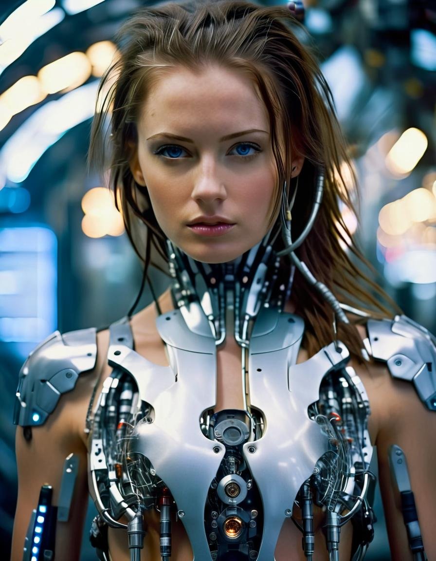 cinematic photo 1girl, cyberpunk, science fiction, cyborg, looking at viewer, realistic, medium breasts, blue eyes, brown hair, lips, long hair, blurry background, cable, mechanical parts, upper body, android, armor, very detailed, dramatic light, sharp focus, cool, full color, cinematic, candid, artistic, extremely inspirational, beautiful, inspiring, thought <lora:CyborgsXL:1>, , <lora:FILM_PHOTOGRAPHY_STYLE:0.25> . 35mm photograph, film, bokeh, professional, 4k, highly detailed