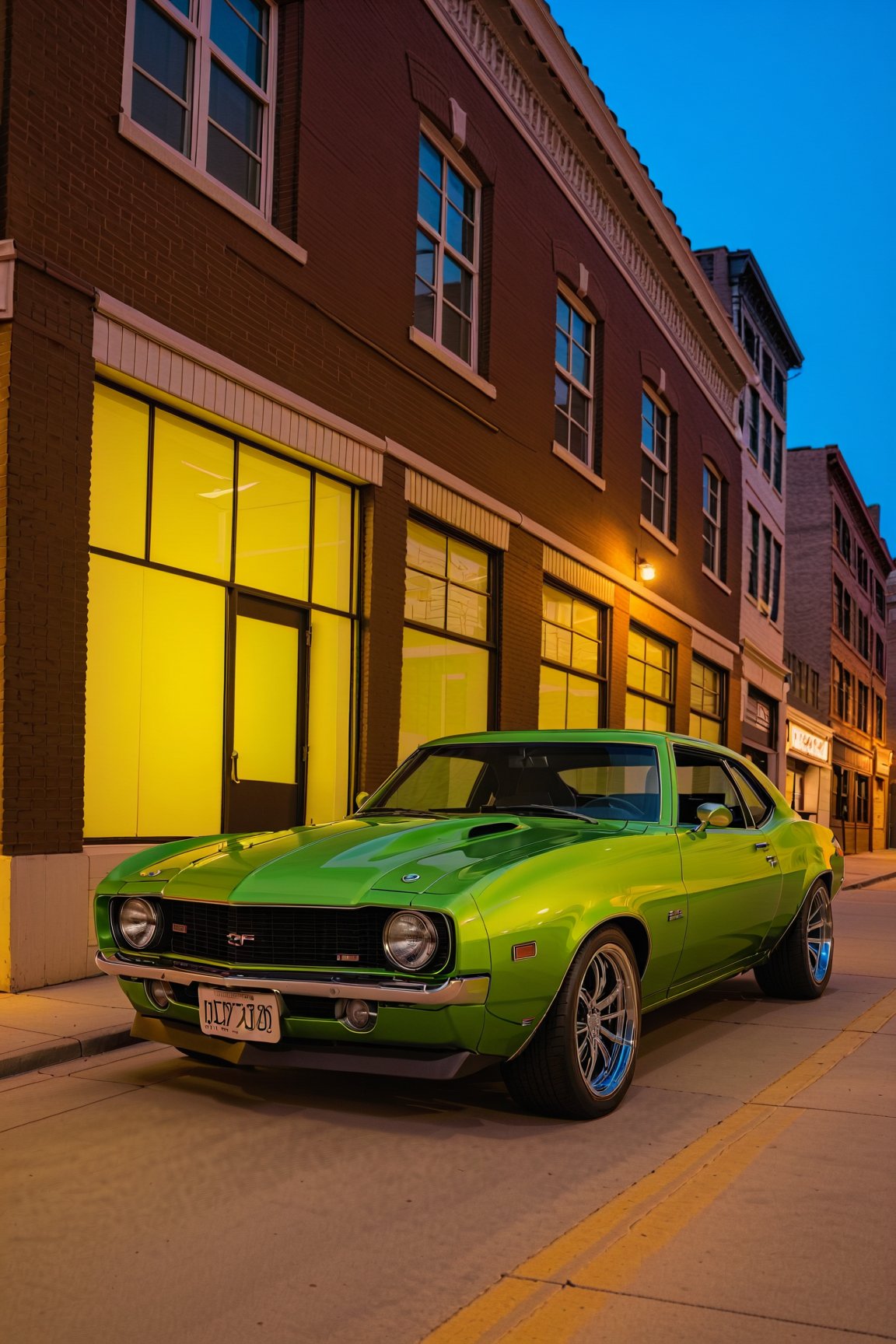 a stunning 1969 Z28 lowered with custom wheels. Hotrod magazine photoshoot downtown at night. cinematic lighting
