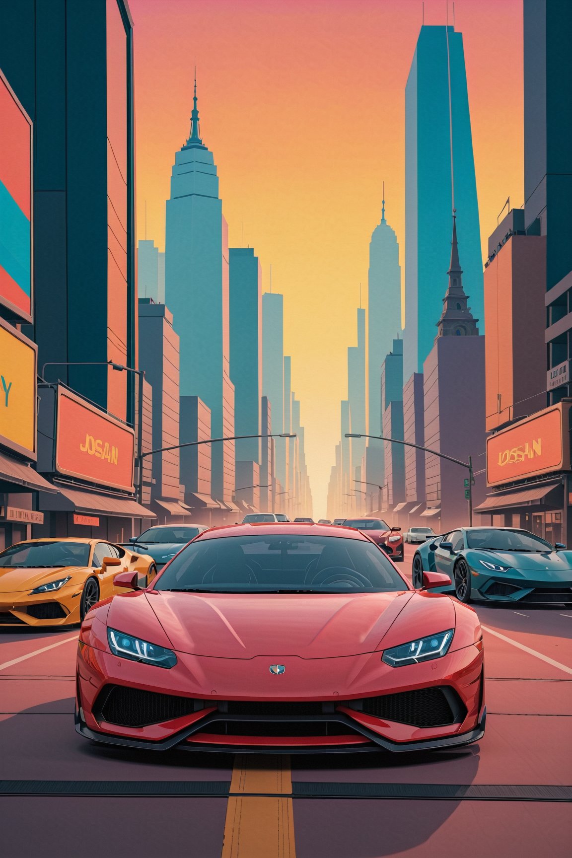 Best quality, masterpiece, Josan Gonzalez style, strong visual impact, city background, street traffic jam, racing full shot, spacious road, race scene, multi-racing, rich colors
