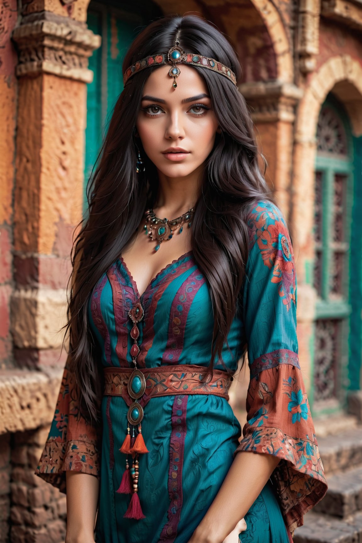 Master professional photography, beautiful woman in bohemian dress and accessories, extreme textures and details, full body portrait shot, bohemian city landmarks background, 64K
