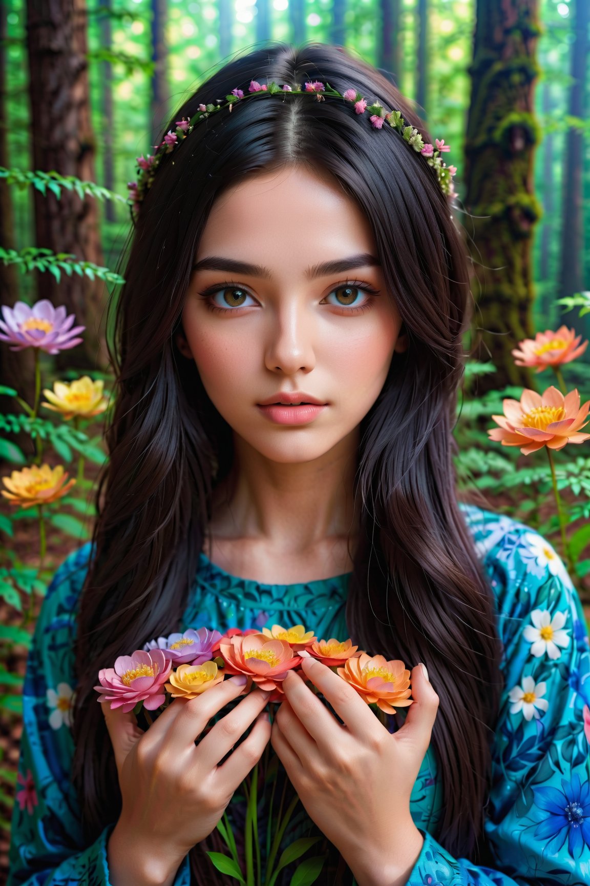 girl in a forest with floating flowers, river, puffy, puffy cheeks, cute, vibrant colors, colorful art style, soft lighting, soft shadows, detailed textures, dynamic lighting, nice hands, perfect hands,
