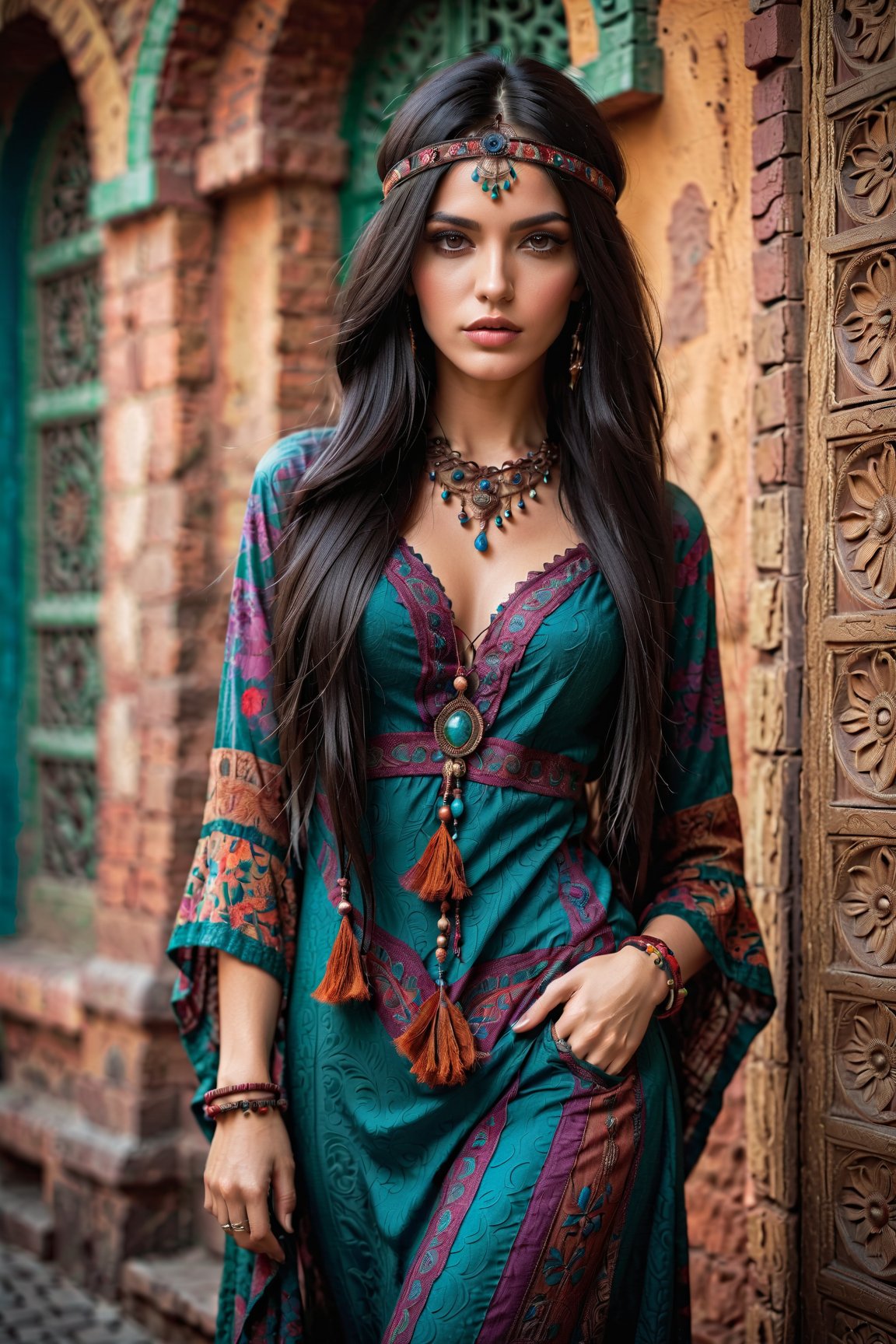 Master professional photography, beautiful woman in bohemian dress and accessories, extreme textures and details, full body portrait shot, bohemian city landmarks background, 64K
