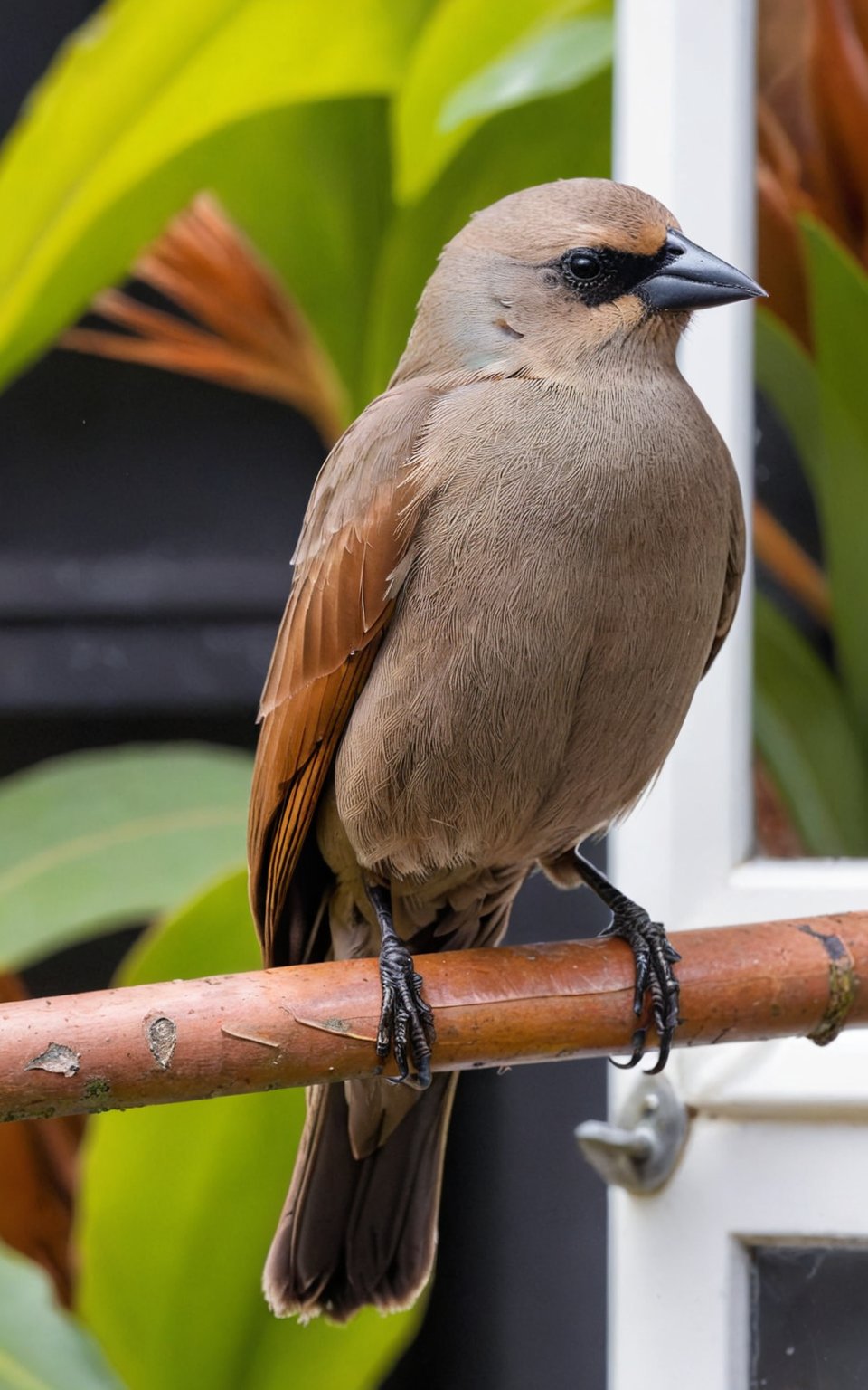 Professional photo, realistic, (female Grayish Baywing:1.3) bird sitting on an (open window:1.4) sill. BREAK It's a cute bird about 7 inches long, with (brownish-gray plumage:1.3), (the wings feathers have a reddish-brown tone:1.4). The region between the eyes and nostrils is black, it has black eyes, black legs, (short and stubby black beak:1.4), gbaywing,low-key