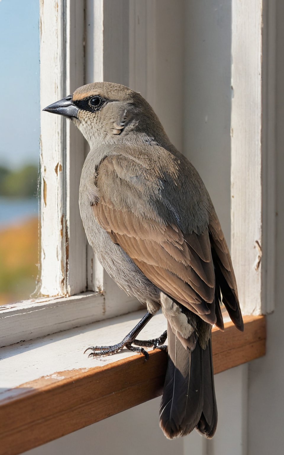 Professional photo, realistic, (female Grayish Baywing:1.3) bird sitting on an (open window:1.4) sill. BREAK It's a cute bird about 7 inches long, with (brownish-gray plumage:1.3), (the wings feathers have a reddish-brown tone:1.4). The region between the eyes and nostrils is black, it has black eyes, black legs, (short and stubby black beak:1.4), gbaywing,