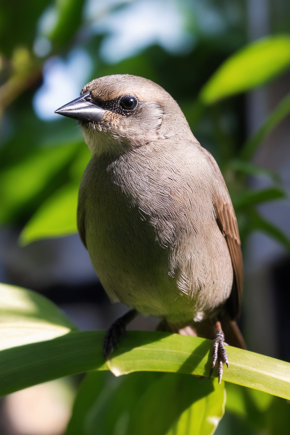 (Fisheye photograph:1.3) of a Grayish Baywing. BREAK It's a cute bird about 7 inches long, with (brownish-gray plumage:1.3), (the wings feathers have a reddish-brown tone:1.4). The region between the eyes and nostrils is black, it has black eyes, black legs, (short and stubby black beak:1.4). BREAK (full body shot:1.2), (perched on a human hand:1.4),  under direct sunlight,  creative shadow play,  bokeh,  BREAK (shot on GoPro Hero:1.4),  Fujicolor Pro film, (low-contrast:1.5),  in the style of Miko Lagerstedt/Liam Wong/Nan Goldin/Lee Friedlander,  BREAK (photorealistic:1.3),  vignette,  highest quality,  detailed and intricate,  original shot,  gbaywing, more detail XL, no humans