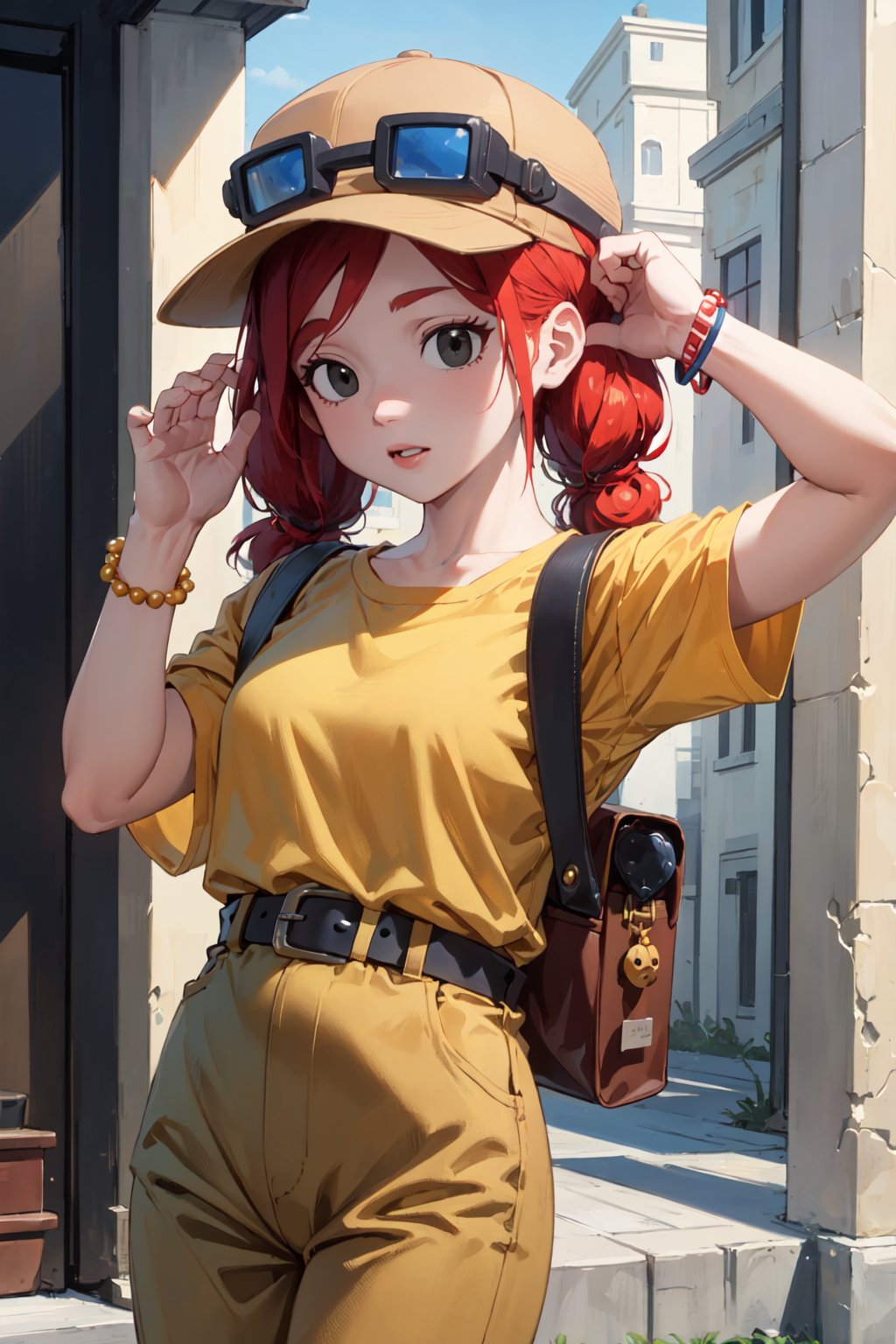 (best quality, masterpiece,4k),jbrawl,black_eyes,twintails,yellow_shirt,bag, belt,pants,googles on headwear,bracelet,red_hair