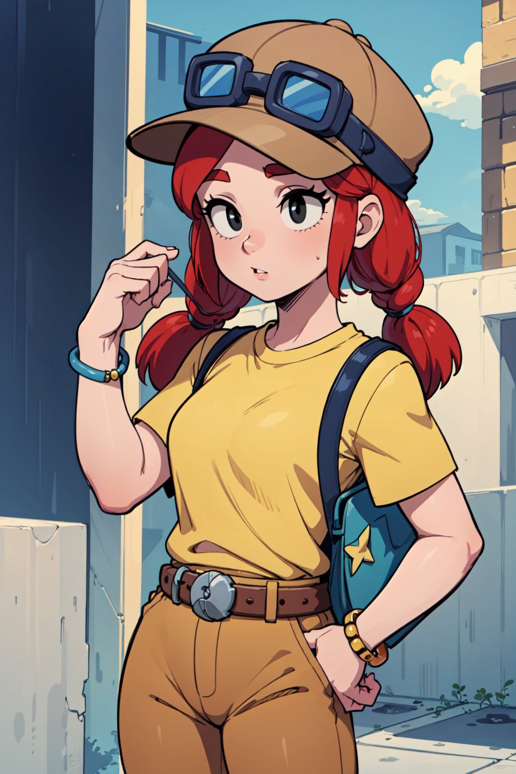 (best quality, masterpiece,4k),jbrawl,black_eyes,twintails,yellow_shirt,bag, belt,pants,googles on headwear,bracelet,red_hair