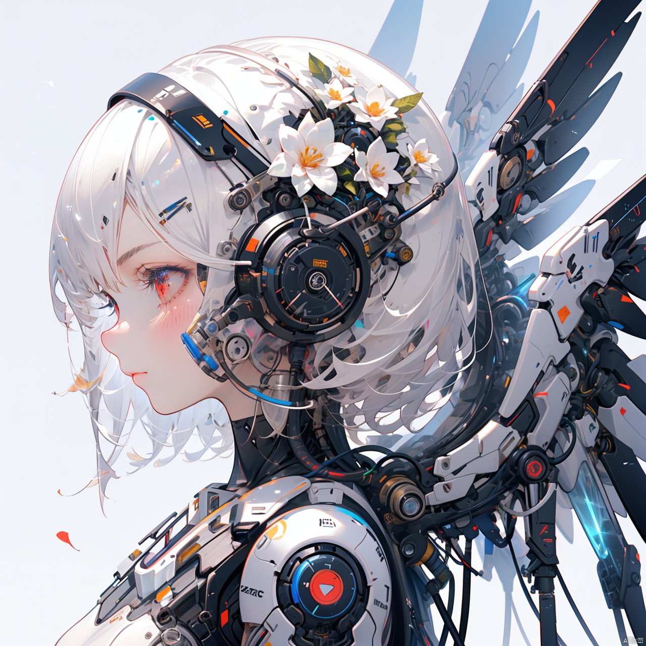 robot girl, 1girl, solo, red eyes, white hair, mechanical wings, flower, wings, hair ornament, white background, breasts, hair flower, upper body, short hair, profile, mecha musume, white flower, simple background, from side, cable, bangs, medium breasts, closed mouth, blush, science fiction