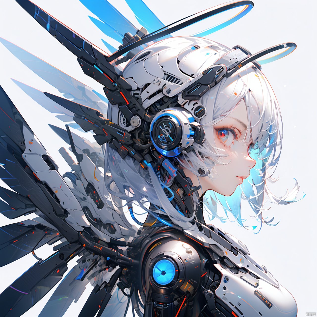 robot girl, 1girl, solo, red eyes, breasts, white hair, halo, from side, white background, upper body, wings, mechanical wings, looking at viewer, mecha musume, profile, simple background, long hair, medium breasts, bangs, android, closed mouth, large breasts