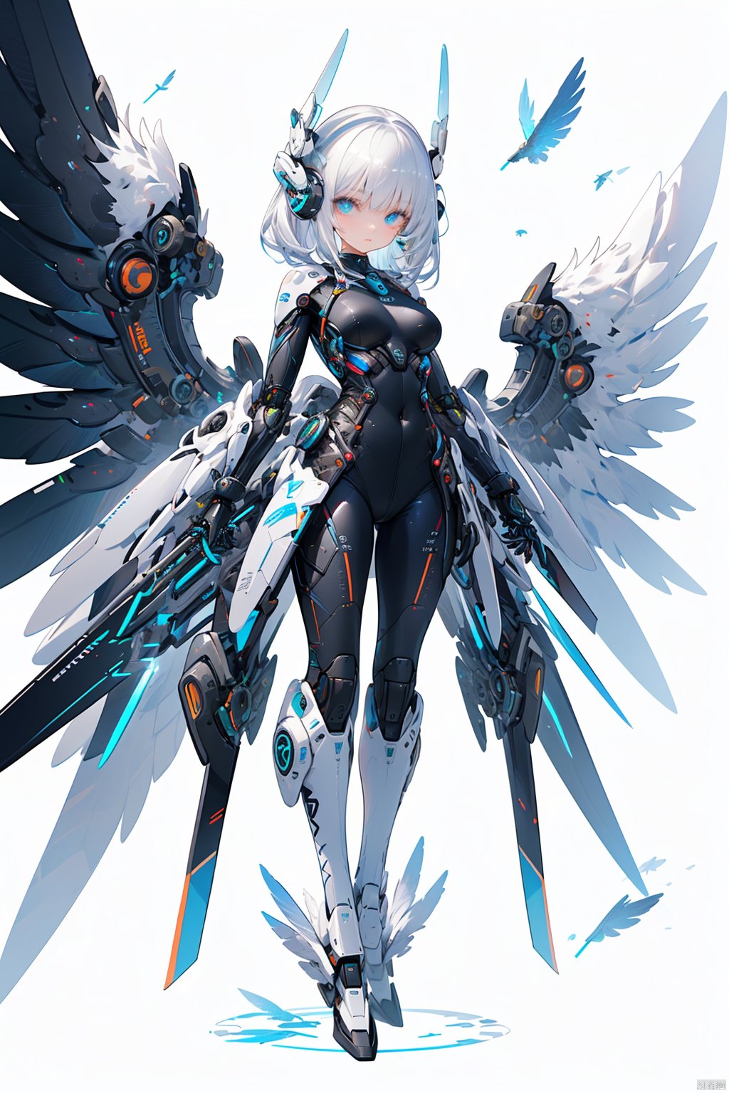 robot girl, 1girl, solo, wings,mecha musume, mechanical wings, white hair, full body, looking at viewer, heterochromia, science fiction,breasts, blue eyes, robot joints, bodysuit, joints, feathered wings, medium breasts, closed mouth, white background, standing, android