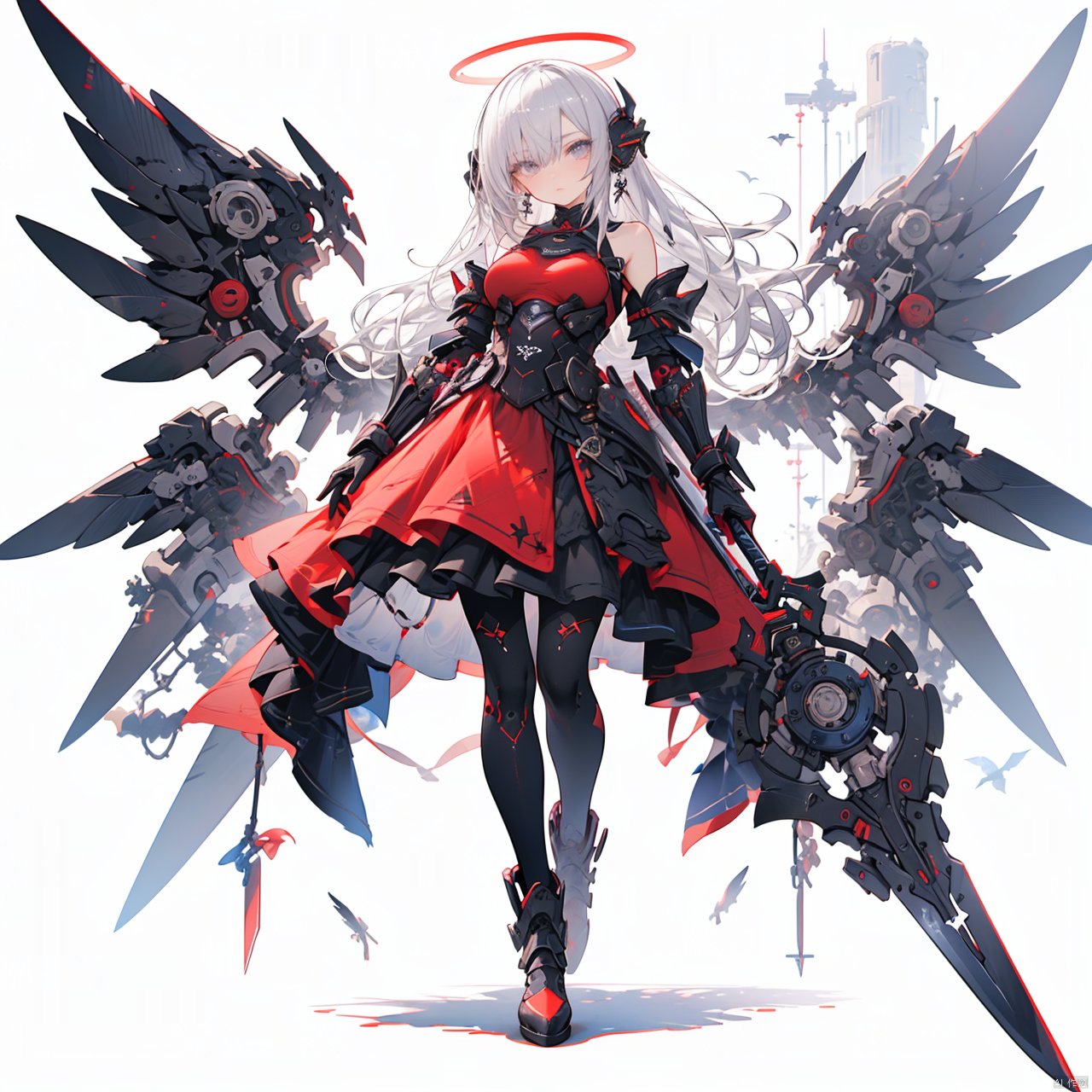 robot girl, 1girl, solo, halo, long hair, wings, weapon, sword, breasts, armor, full body, looking at viewer, dress, holding, red dress, mechanical wings, bangs, bare shoulders, sheath, red gloves, holding sword, holding weapon, grey eyes, gauntlets, boots, pantyhose, white hair, standing, white background, hair between eyes, gloves, closed mouth, head tilt, medium breasts