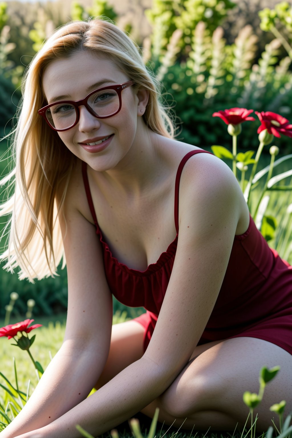 wo_samrone01, big smile, glasses, wearing a red sundress, field, sitting on the grass, 8k, masterpiece, high quality, highres, photorealistic, raw, extremely detail,<lora:659111690174031528:1.0>