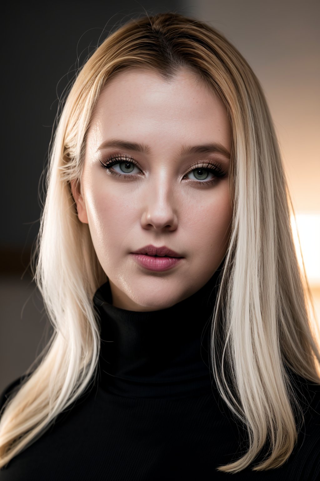 woman, delicate traits, Sharp Focus, (wo_samrone01), (close-up:0.1), low key lighting, shot on Lumix GH5, cinematic bokeh, black tight turtleneck shirt, long hair, (simple background:1.2), sharp cheekbones, teasing, detailed skin, Detailedface, solo