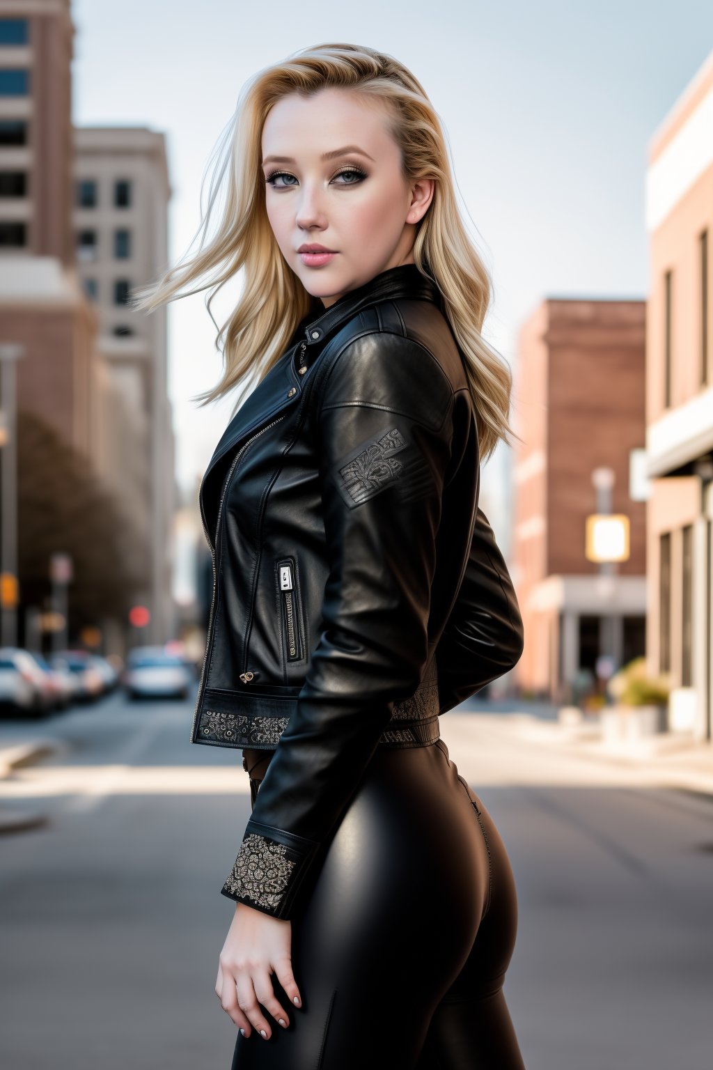 photo of wo_samrone01, a beautiful woman, in (downtown:1.1), (cityscape:1.1), wearing a (leather-jacket:1.2) and (leggings), (8k, RAW photo, best quality, depth of field, ultra high res:1.2), (absurdres, intricate, photorealistic, masterpiece, ultra-detailed:1.3),wo_samrone01