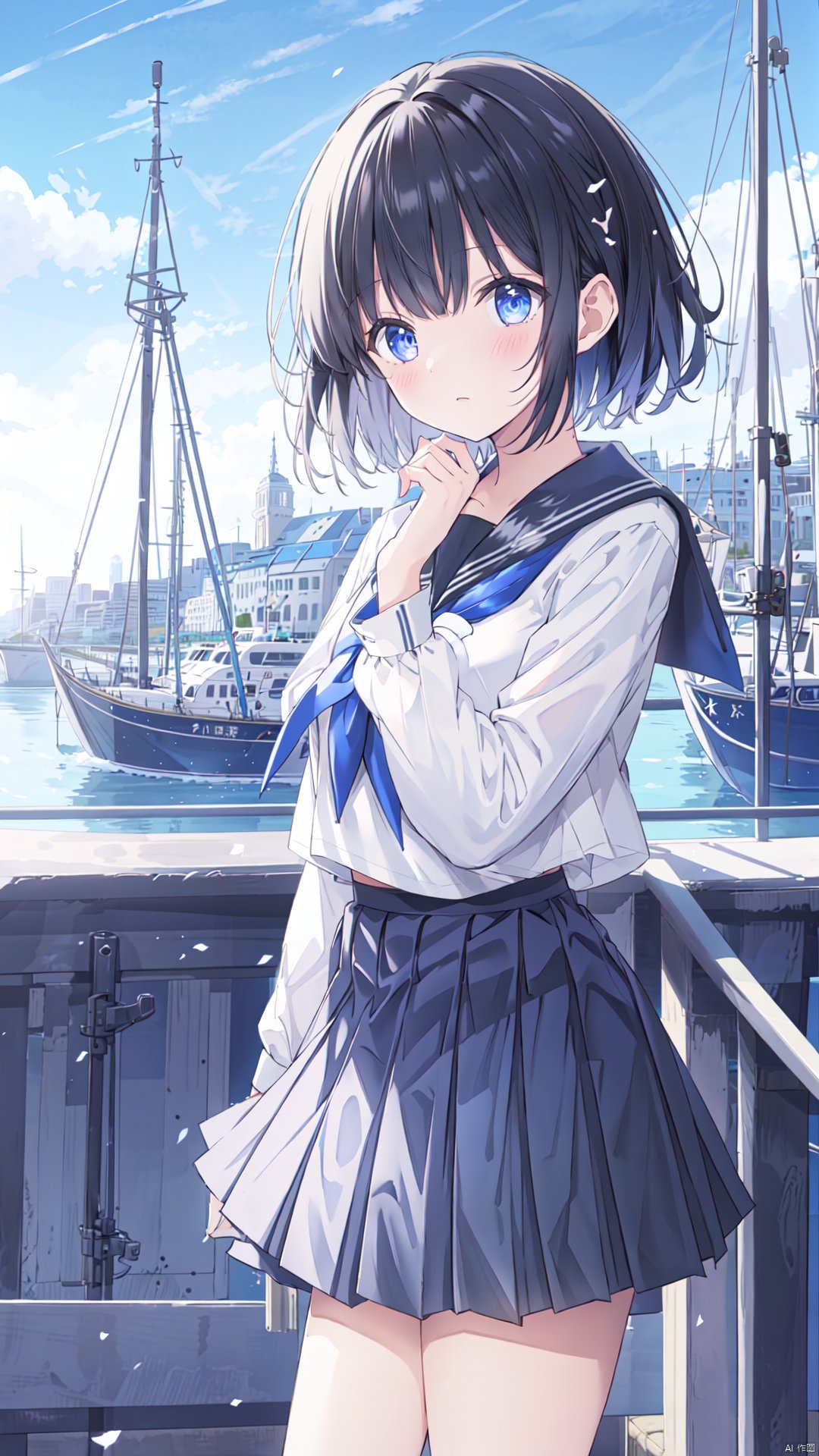  1girl, bangs, black_hair, blue_sailor_collar, blue_skirt, long_sleeves, outdoors, pleated_skirt, sailor_collar, school_uniform, serafuku, shirt, short_hair, skirt, sky, solo, white_shirt