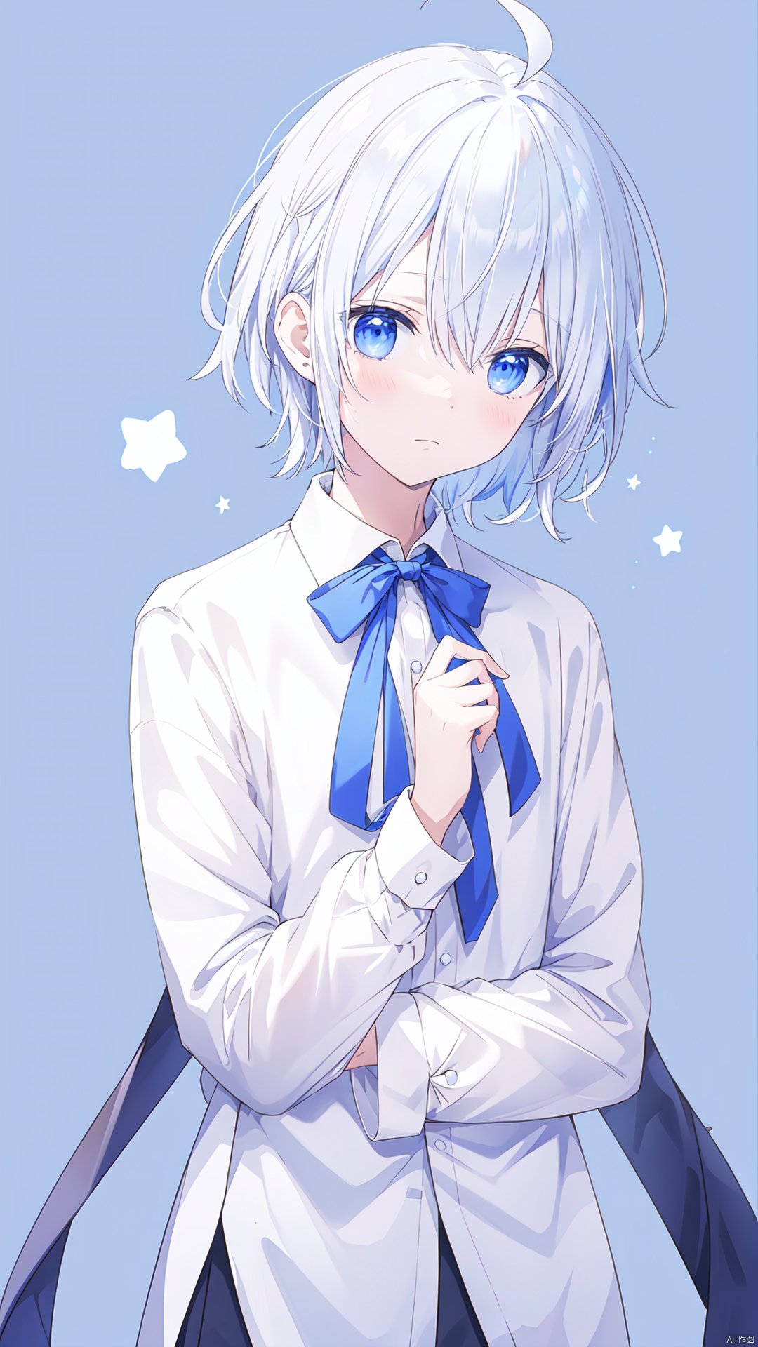 1boy, solo, blue eyes, white hair, blue inner hair, shirt, ribbon, simple background, ahoge,