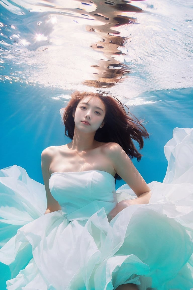 1girl,  portrait,  solo,  long hair,  brown hair,  dress,  bare shoulders,  strapless,  white dress,  strapless dress,  underwater,<lora:EMS-268443-EMS:0.700000>