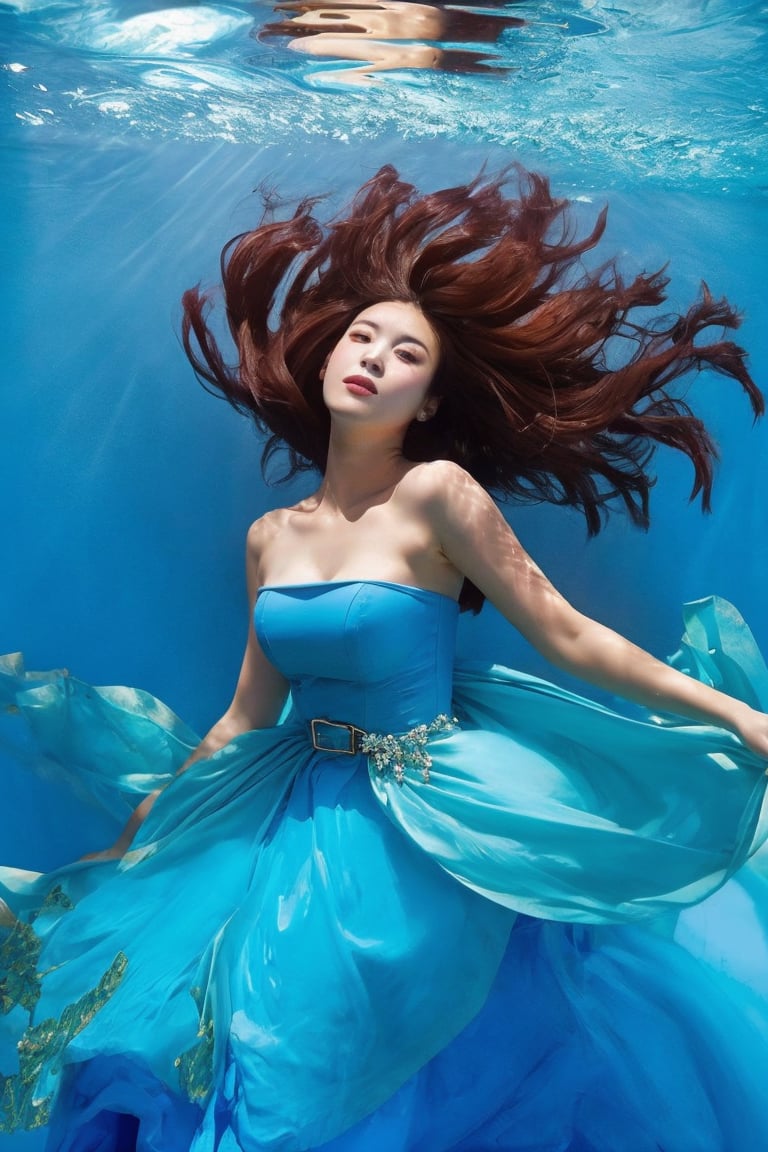 1girl,  solo,  portrait,  long hair,  brown hair,  dress,  bare shoulders,  strapless,  blue dress,  strapless dress,  underwater,<lora:EMS-268443-EMS:0.700000>