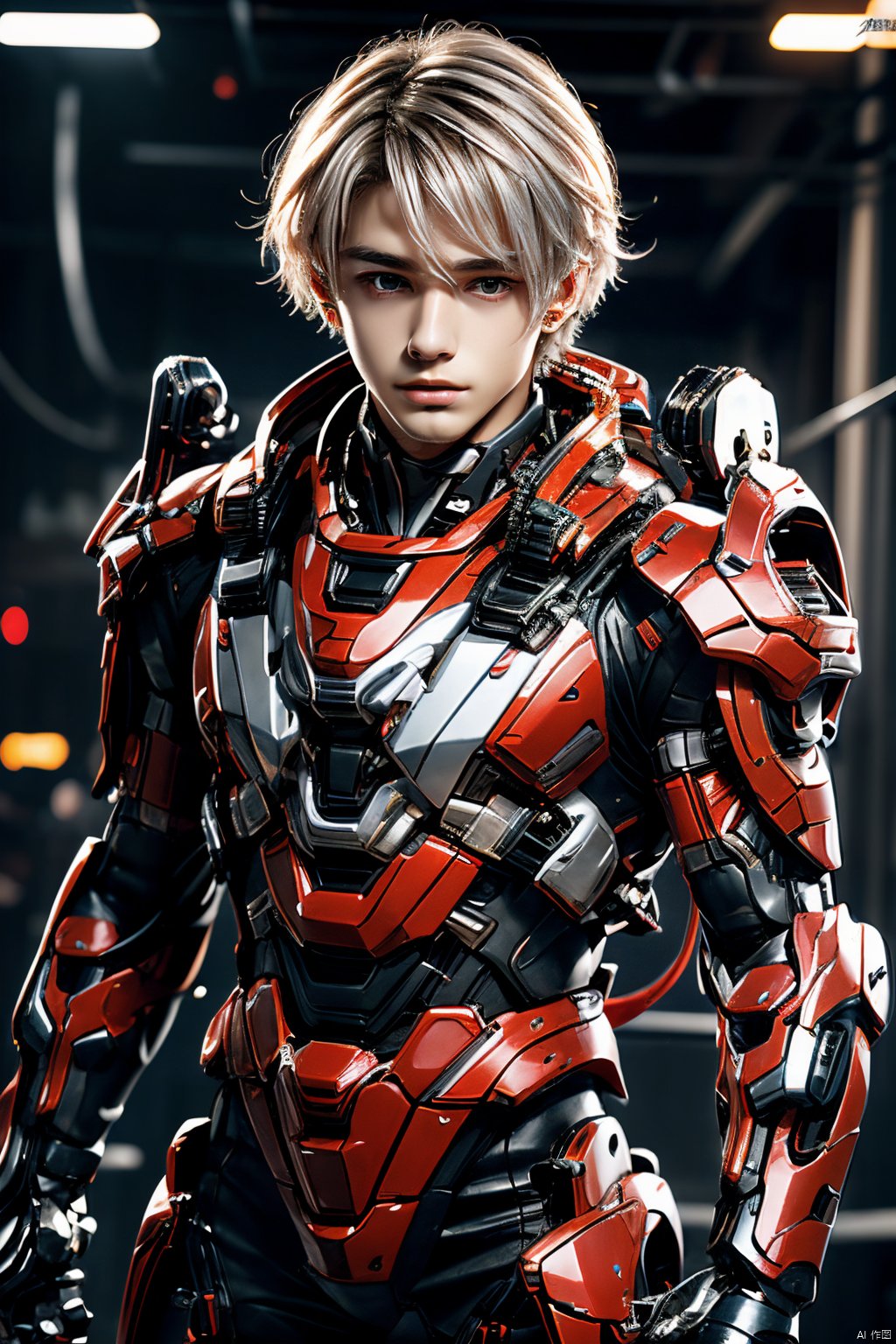  gear, parts, transparent, professional close-up, anime style of a young boy\(20 years old, handsome\) in red mecha, young boy, silver hair, handsome