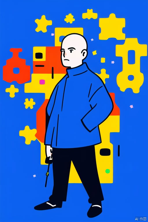 a bald man,symbols,puzzled,?,??,bianping,wear blue coat