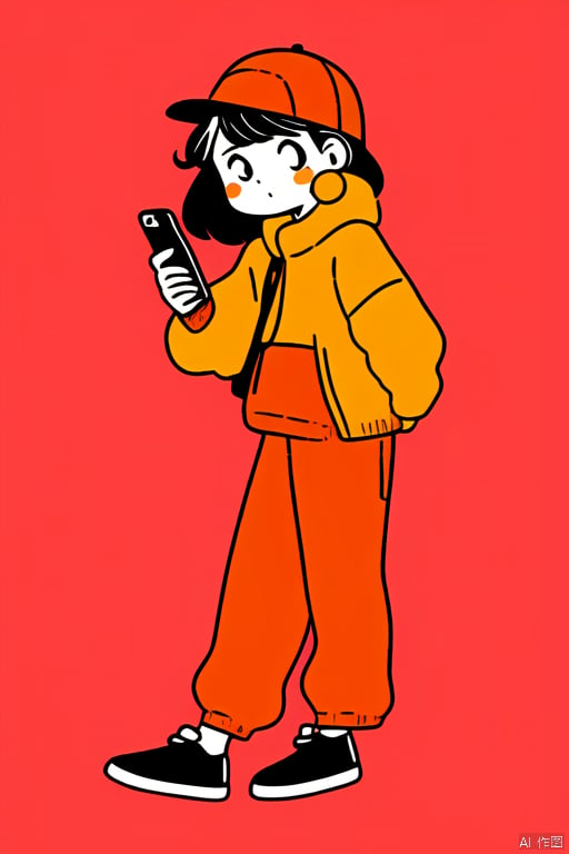 1girl,vivid colors,wear hoddy,orange backgroud,hold a cellphone,bianping