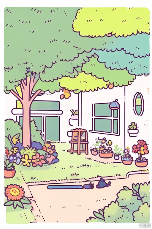 (((1cat))) in an veranda interior with trees and plants on it and flowers on the walls, ((outdoor:1.4)), tumblr, Artstation, doku-doku-kinoko, magical realism, Fairy tale, Line, magic realism, pixiv, Flower, cg society , Anime, Beatrix Potter, totorina, Subterranean, Still life, Magical girl, Animal tale, Adventure fantasy, still life, rayonism, aestheticism, Landscape, neo-romanticism, capy-shuupan, Georgette Chen, Chang Ucchin, Hidari, Jeanne-Claude, computer graphics, cgsociety, shinei-neko-hakase, uri-tan, no_human, no_humans, illustration,vector art,tshee00d,vector style