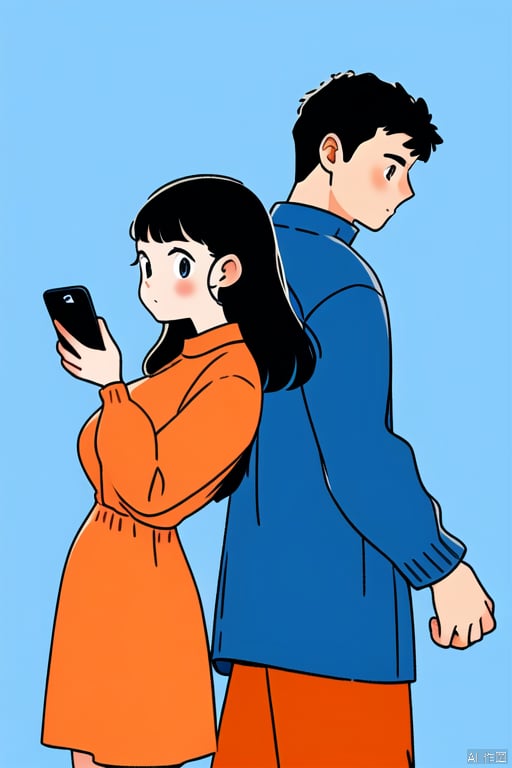 1girl and 1boy,back to back,wear orange dress,wear blue sports clothing,bianping,both hold cellphone