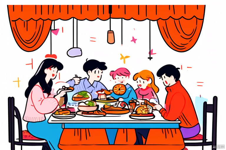 family of four,eat lunch,inroors,curtain,table,dishes,very happy,bianping