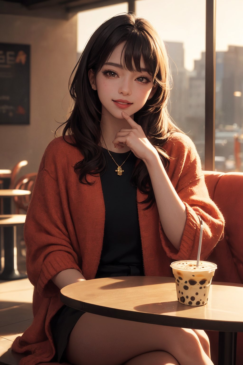 realistic, (masterpiece, best quality:1.2), beautiful and aesthetic, hires, bokeh, depth of field, HDR, godray, golden hour, (dusk),
1girl, sitting in a cafe, boba milk tea, smiling,
Long hairs, glossy coral lips, brunette, brown eyes,