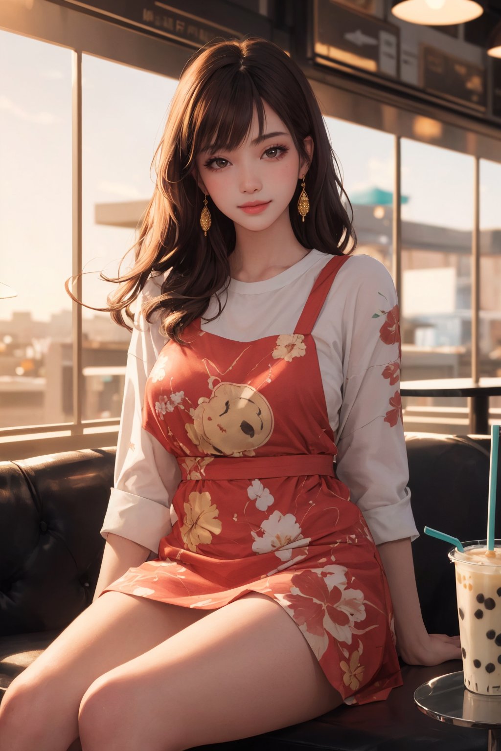 realistic, (masterpiece, best quality:1.2), beautiful and aesthetic, hires, bokeh, depth of field, HDR, godray, golden hour, (dusk),
1girl, sitting in a cafe, boba milk tea, smiling,
Long hairs, glossy coral lips, brunette, brown eyes,