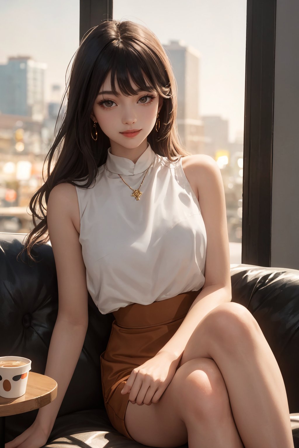 realistic, (masterpiece, best quality:1.2), beautiful and aesthetic, hires, bokeh, depth of field, HDR, godray, golden hour, (dusk),
1girl, sitting in a cafe, boba milk tea, smiling,
Long hairs, glossy coral lips, brunette, brown eyes,