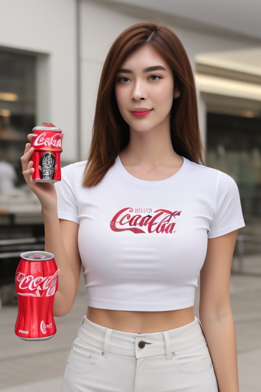 The beautiful woman in White T shirt logo cocacola on the t-shirt in her hand have cocacola can