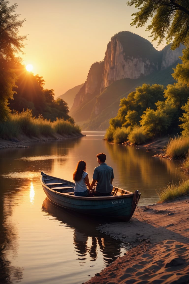 Full-length photograph, view from a distance, wide focus, 1Girl and 1Guy, sitting on the river bank, looking at the sunset, holding hands, beautiful nature, a small boat in the distance, a masterpiece, maximum reality, detailed textures, high-quality shadows,,cinematic_warm_color