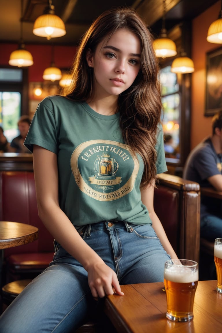 Full-length photograph, distant view, wide focus, 1Girl 25yo, sitting in a pub, dressed in a T-shirt and jeans, tired, holding a glass of beer, masterpiece, maximum reality, detailed textures, high-quality shadows,cinematic_warm_color