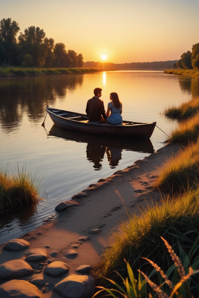 Full-length photograph, view from a distance, wide focus, 1Girl and 1Guy, sitting on the river bank, looking at the sunset, holding hands, beautiful nature, a small boat in the distance, a masterpiece, maximum reality, detailed textures, high-quality shadows,,cinematic_warm_color