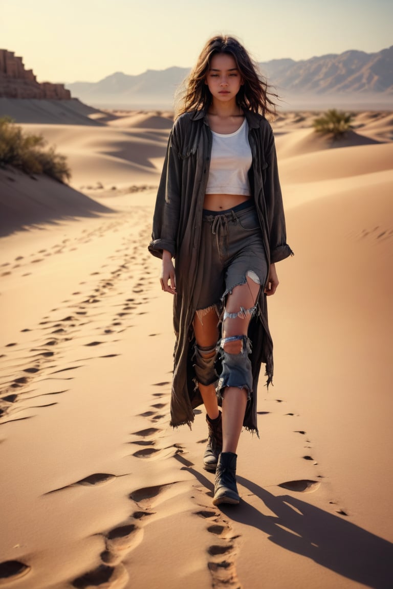 Full-length photograph, view from afar, wide focus, 1Girl walking in the desert, dressed in torn clothes, tired, exhausted, masterpiece, maximum reality, detailed textures, high-quality shadows,cinematic_warm_color