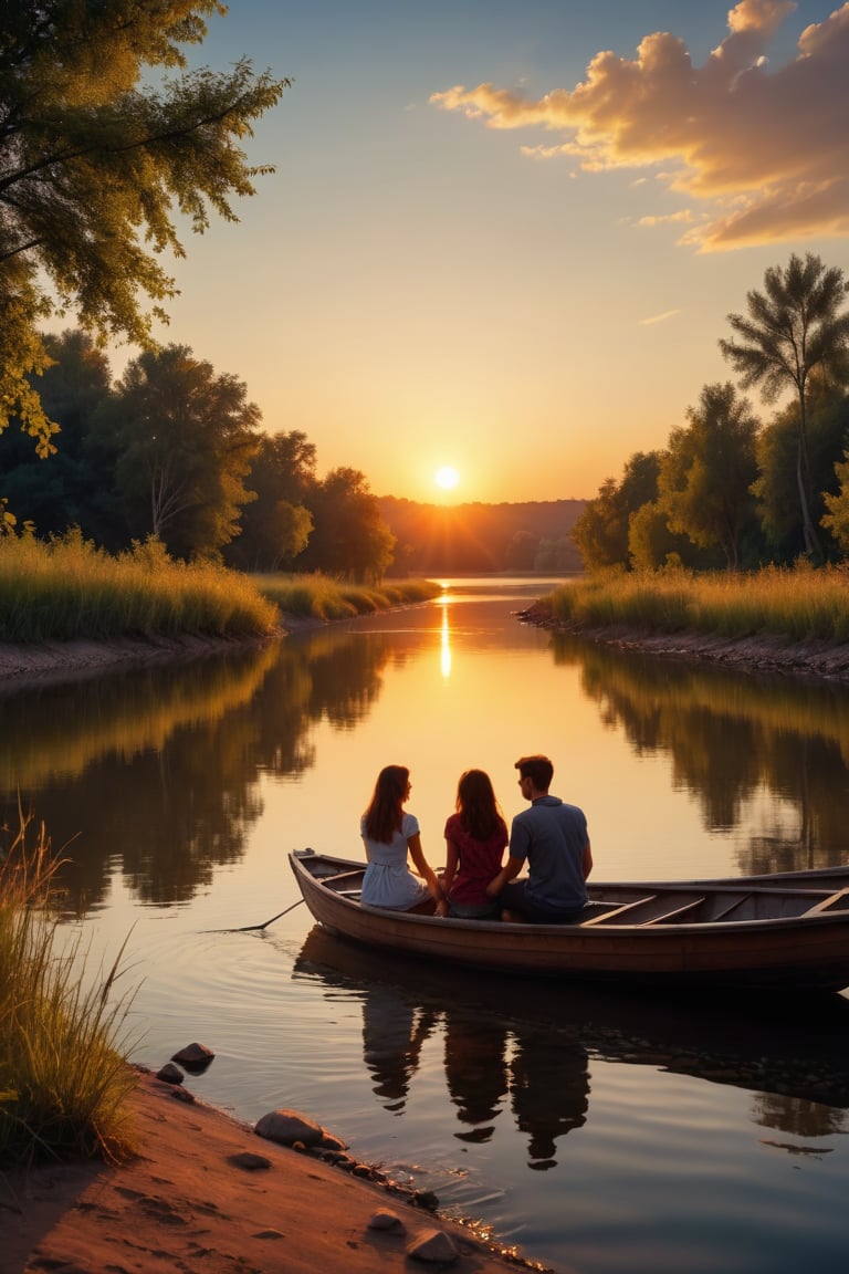 Full-length photograph, view from a distance, wide focus, 1Girl and 1Guy, sitting on the river bank, looking at the sunset, holding hands, beautiful nature, a small boat in the distance, a masterpiece, maximum reality, detailed textures, high-quality shadows,,cinematic_warm_color