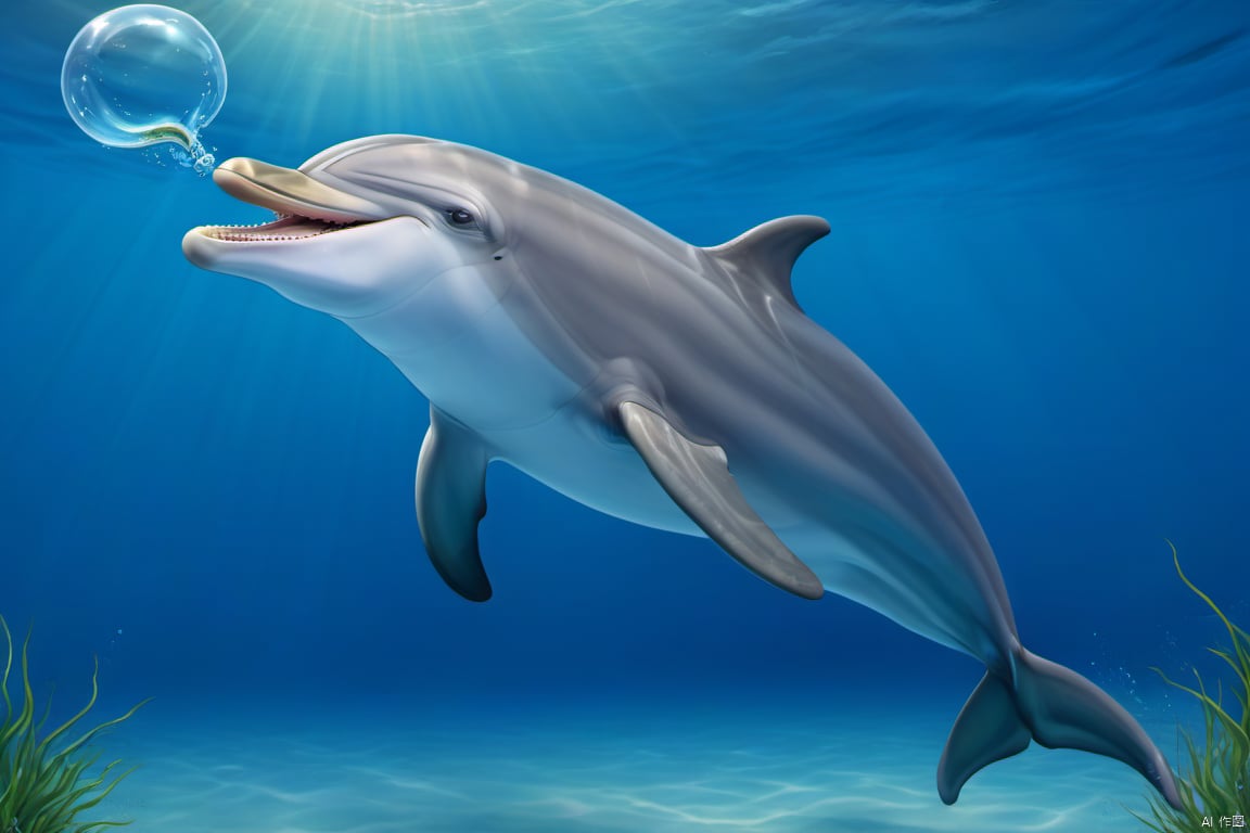 Masterpiece,high quality,beautiful landscape,dolphin,no human,dolphin,A flat tail,Smooth skin,dolphin,teeth,flipper,sea grass,Entanglement,bubble,ocean,