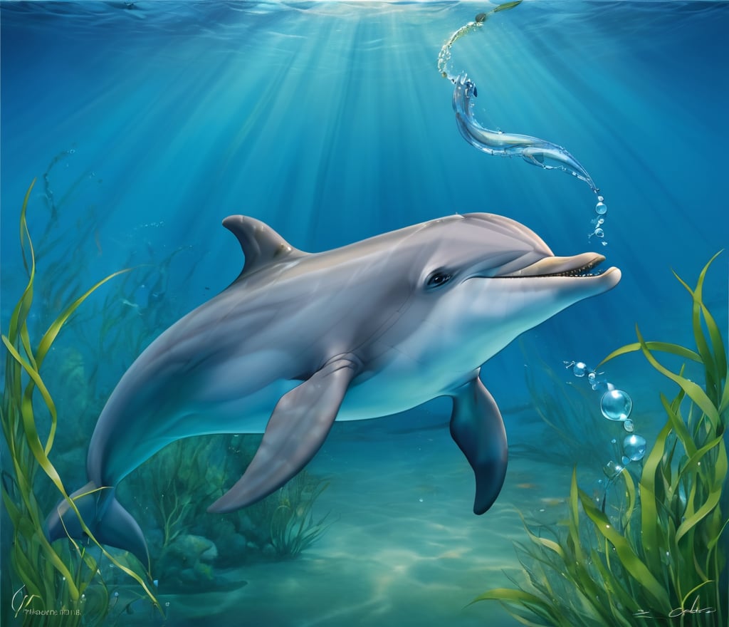 Masterpiece,high quality,beautiful landscape,dolphin,no human,dolphin,A flat tail,Smooth skin,dolphin,teeth,flipper,sea grass,Entanglement,bubble,ocean,