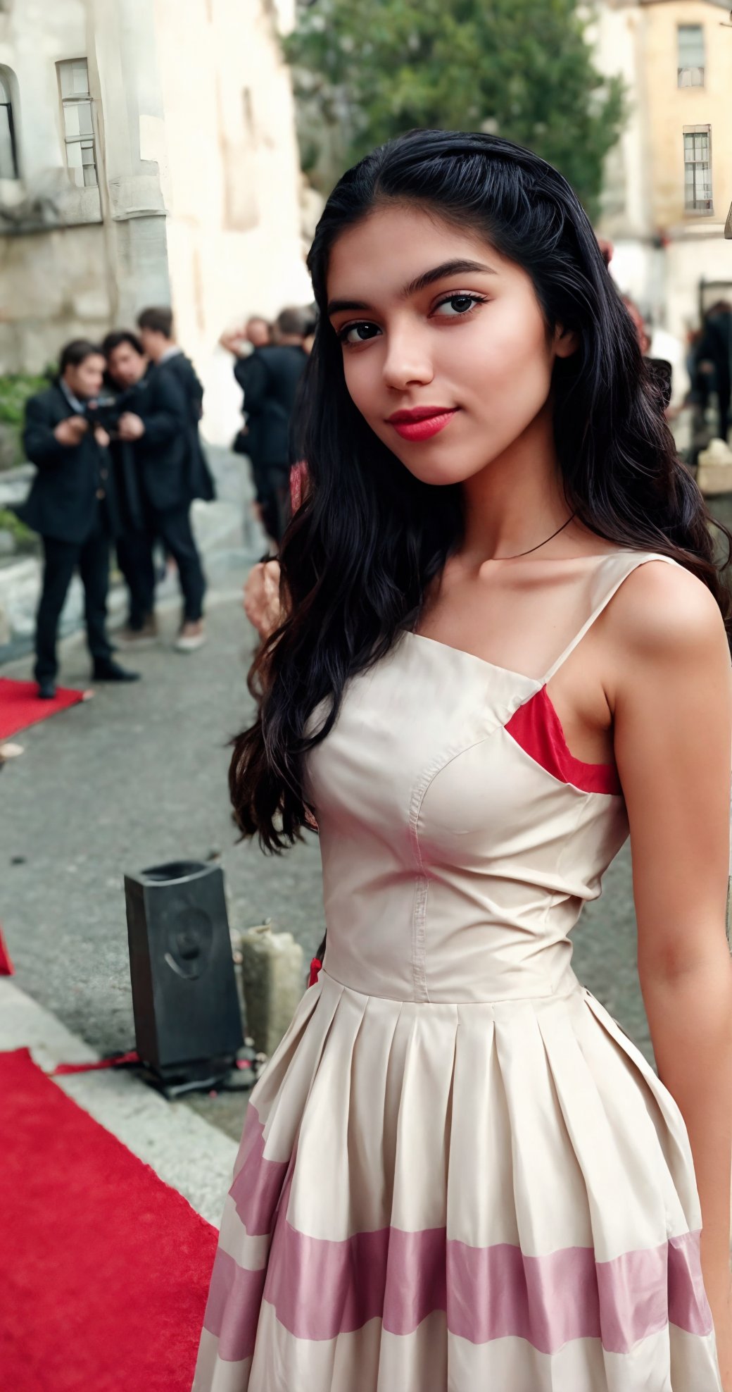 Wide shot of a ((1girl 15yo)),   photorealistic, masterpiece, hyperdetailed photography of a beautiful beautiful girl posing for a picture on red carpet, outdoors, street, best quality, 8k UHD, 8k, ultra quality, ultra detailed, closed mouth, warm lighting, spotlights, (((medium breast)))), smirking, professional photography, photoshop_(medium), highly makeup, detailed lips, ((((closed mouth)))), wearing luxury modern dress, western style clothing, high heels, night, black hair, (((red carpet, closeup))) ((full body)) ,skirtlift,aw0k euphoric style,1girl,FFIXBG