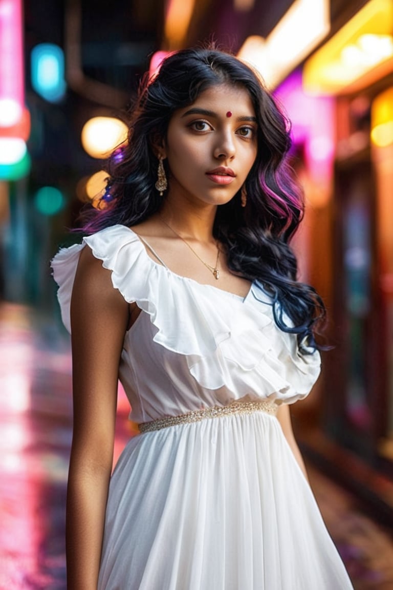  photorealistic,portrait of indian girl, 19 year old, 
(ultra realistic,best quality),photorealistic,Extremely Realistic, in depth, cinematic light,

girl in a fluid and dynamic pose, wearing a loose, flowing white dress, mysterious expression, curly black and pink hair,hubg_jsnh, night, in a modern and abstract setting, with bold and colorful abstract art, blurred background, bright lighting, official art, uniform 8k wallpaper,(Feathers everywhere :1.3), depth of field level,

perfect hands,perfect lighting, vibrant colors, intricate details, high detailed skin, pale skin, intricate background, taken by Canon EOS,SIGMA Art Lens 35mm F1.4,ISO 200 Shutter Speed 2000,Vivid picture,18yo girl