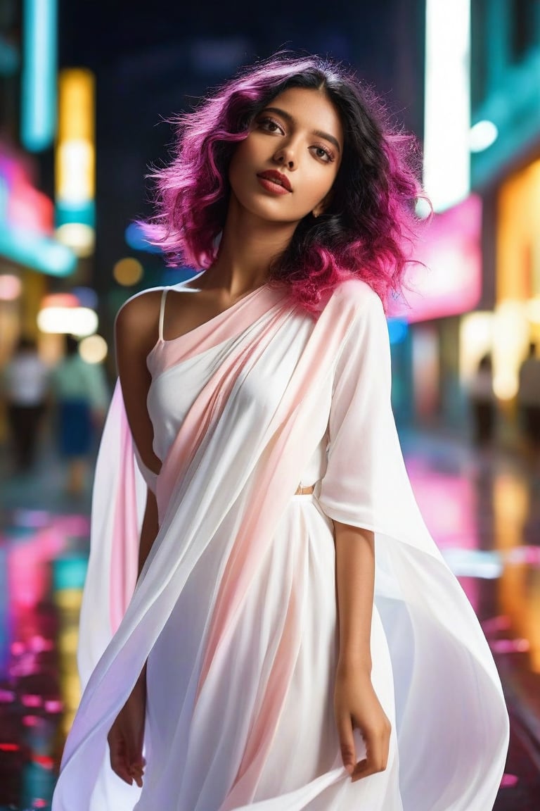  photorealistic,portrait of indian girl, 19 year old, 
(ultra realistic,best quality),photorealistic,Extremely Realistic, in depth, cinematic light,

girl in a fluid and dynamic pose, wearing a loose, flowing white dress, mysterious expression, curly black and pink hair,hubg_jsnh, night, in a modern and abstract setting, with bold and colorful abstract art, blurred background, bright lighting, official art, uniform 8k wallpaper,(Feathers everywhere :1.3), depth of field level,

perfect hands,perfect lighting, vibrant colors, intricate details, high detailed skin, pale skin, intricate background, taken by Canon EOS,SIGMA Art Lens 35mm F1.4,ISO 200 Shutter Speed 2000,Vivid picture,