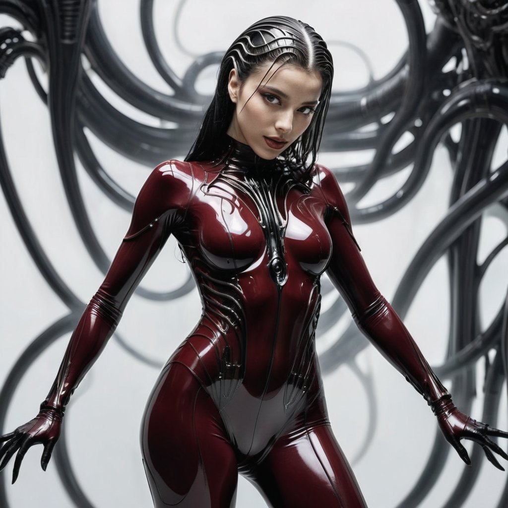 HR Giger style Woman , white background, dark black eyes, dark red leotard, wraith-like essence, dark shadow envelops her form, biomechanical transparent 