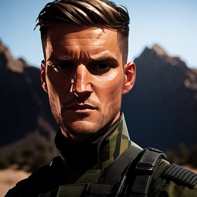 full format Modern Warfare still of Gideon Emery, realistic skin, Meybis Ruiz Cruz, photorealistic, perfectly framed view, stylized features, backlighting, in the style of the cycle frontier, More Detail, photorealistic, 