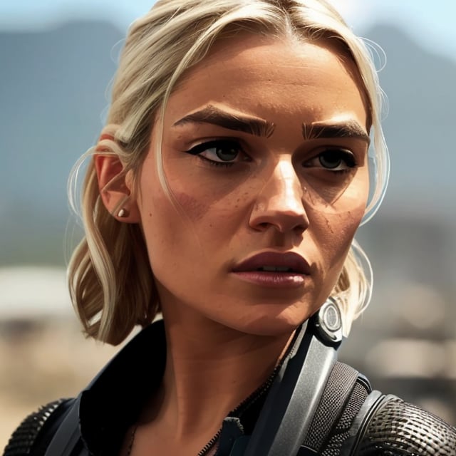 full format Modern Warfare still of Eliza Taylor, realistic skin, Meybis Ruiz Cruz, photorealistic, perfectly framed view, stylized features, backlighting, in the style of the cycle frontier, More Detail, photorealistic, 