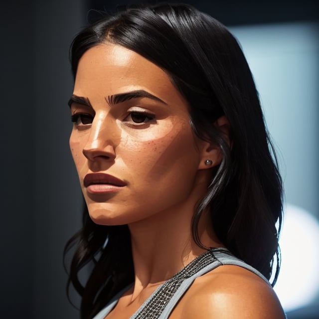 full format Modern Warfare still of Andi Dorfman, realistic skin, Meybis Ruiz Cruz, photorealistic, perfectly framed view, stylized features, backlighting, in the style of the cycle frontier, More Detail, photorealistic, 