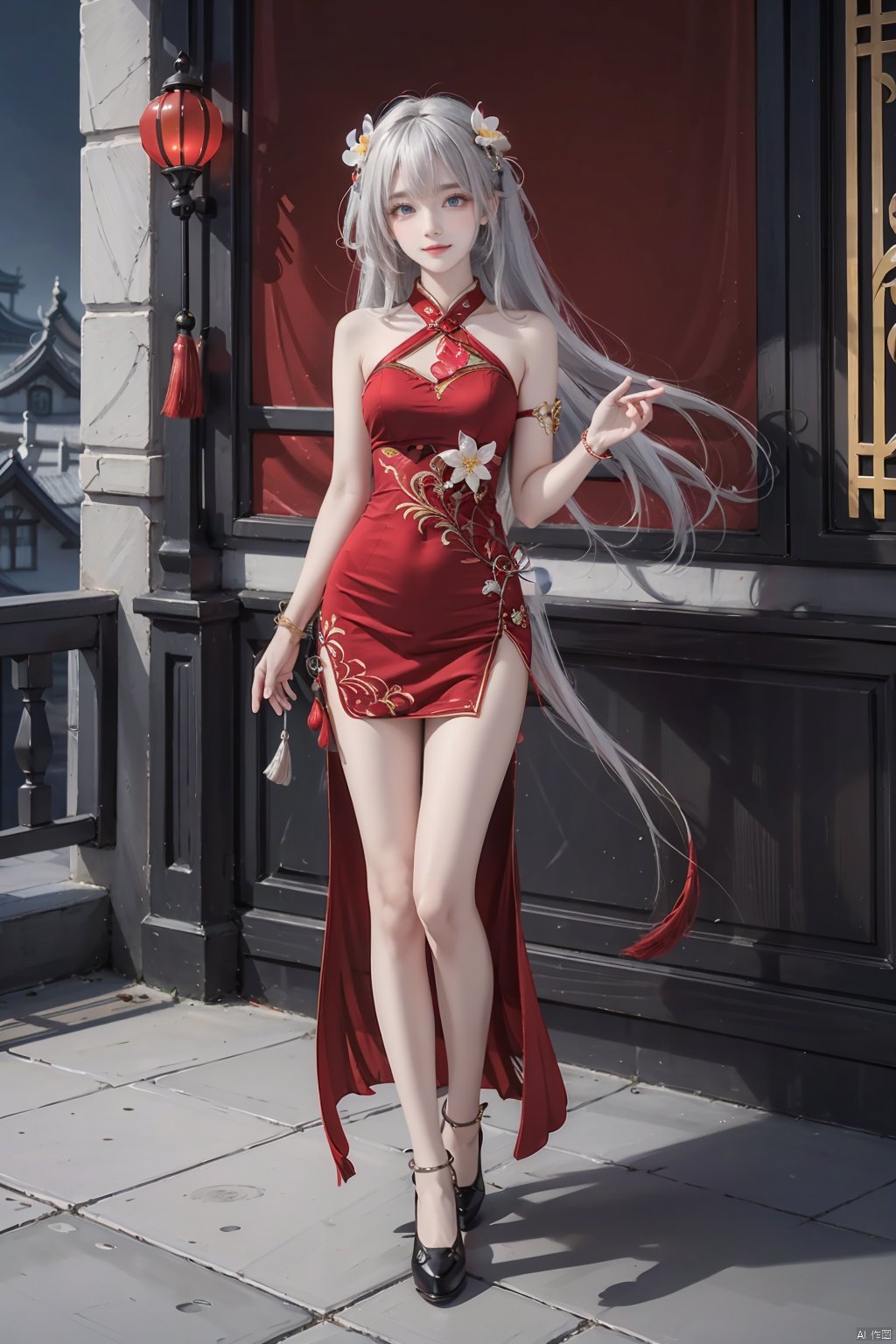 天启姬, red qipao, 1girl, long hair, solo, red dress, full body, china dress, smile, looking at viewer, high heels, medium breasts, hair ornament, standing, jewelry, sleeveless dress, bracelet, closed mouth, single elbow glove, bare shoulders, anklet, hair flower, side slit, black footwear, white grey hair, blue eyes, 1 girl